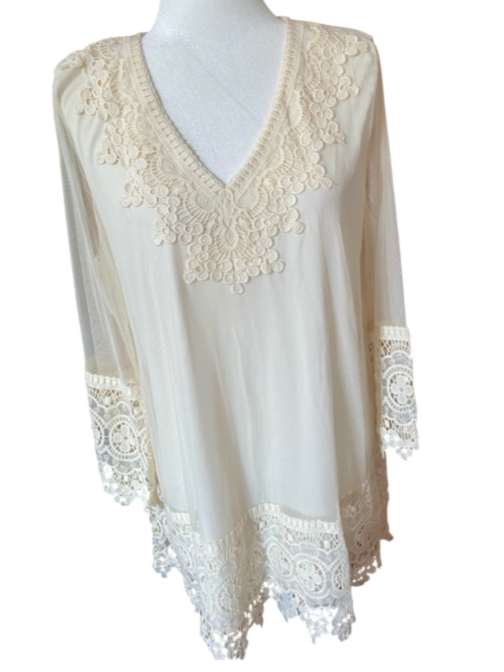 Alfani Ivory Floral Crochet Lace Sheer Sleeve Boho Tunic Top Size L